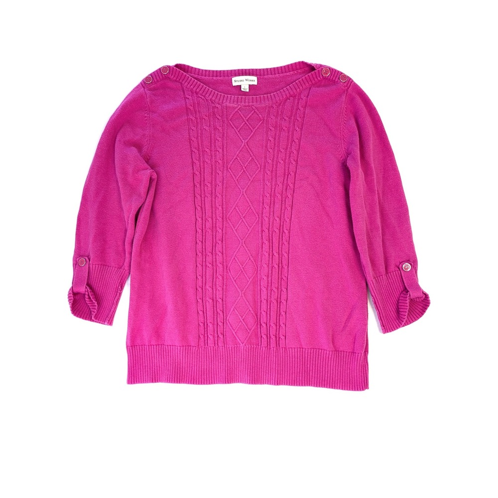 Studio Works Magenta Pink Cable Knit Boat Neck Sweater 3/4 Sleeve Large